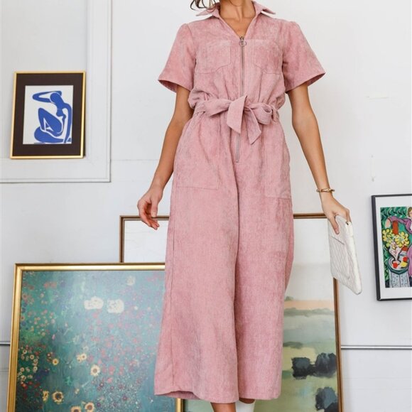 Mauve Velvet Short Sleeve Self-Tie Belted O-Ring Z - Picture 6 of 6